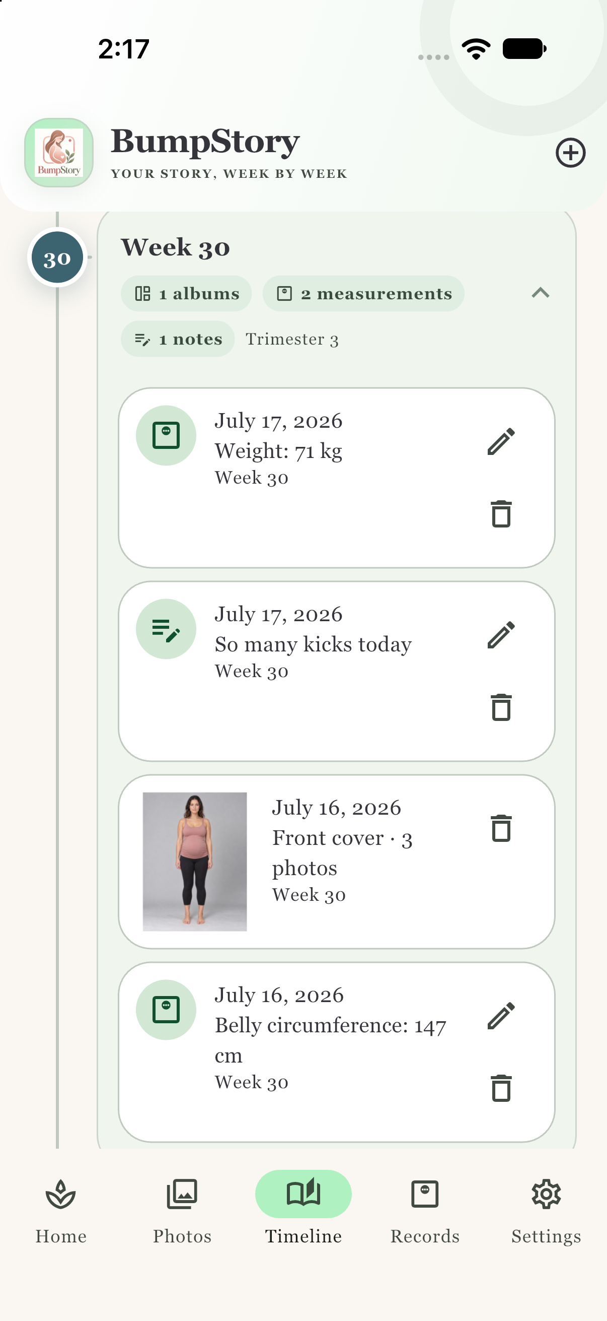 BumpStory timeline with weekly branches for photo albums, measurements, and journal notes
