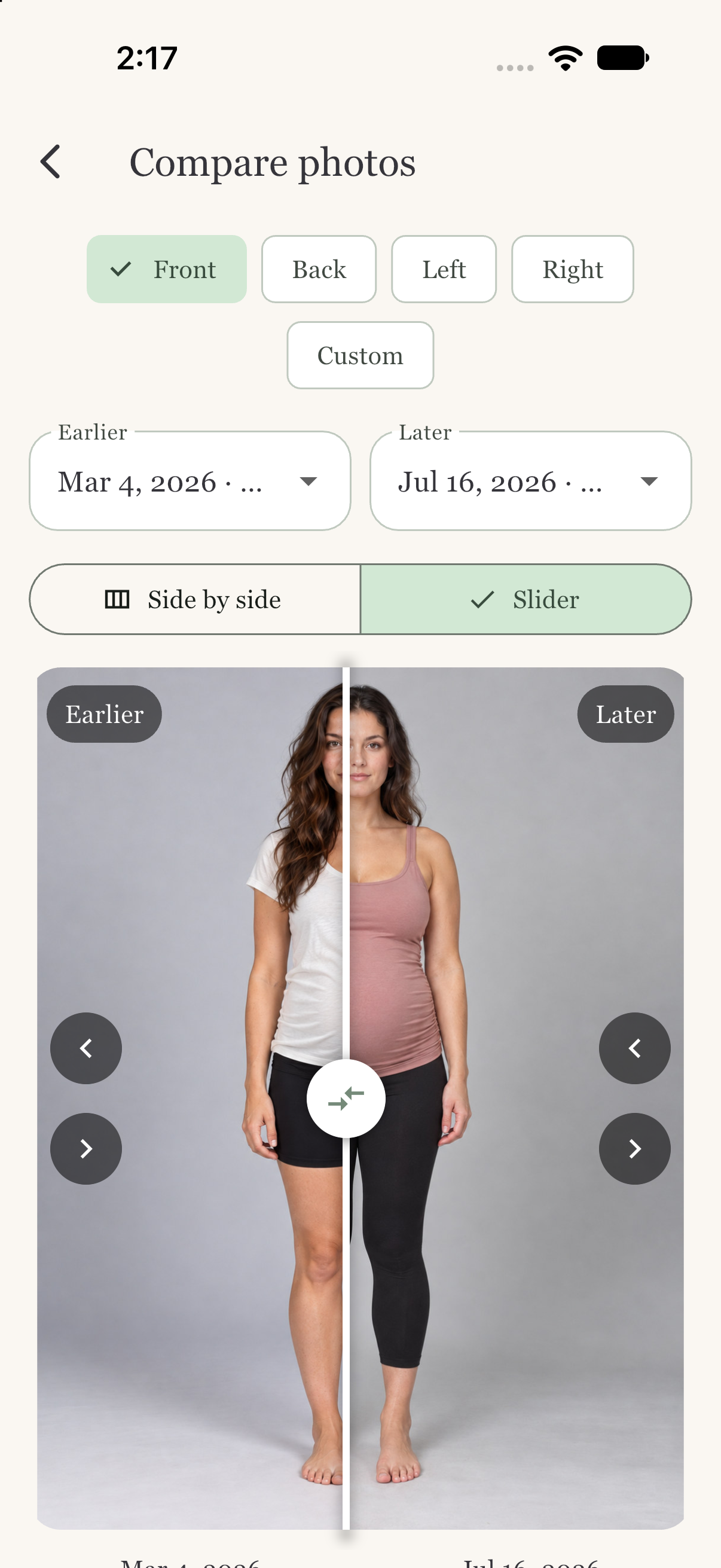 BumpStory photo slider comparing two pregnancy photos