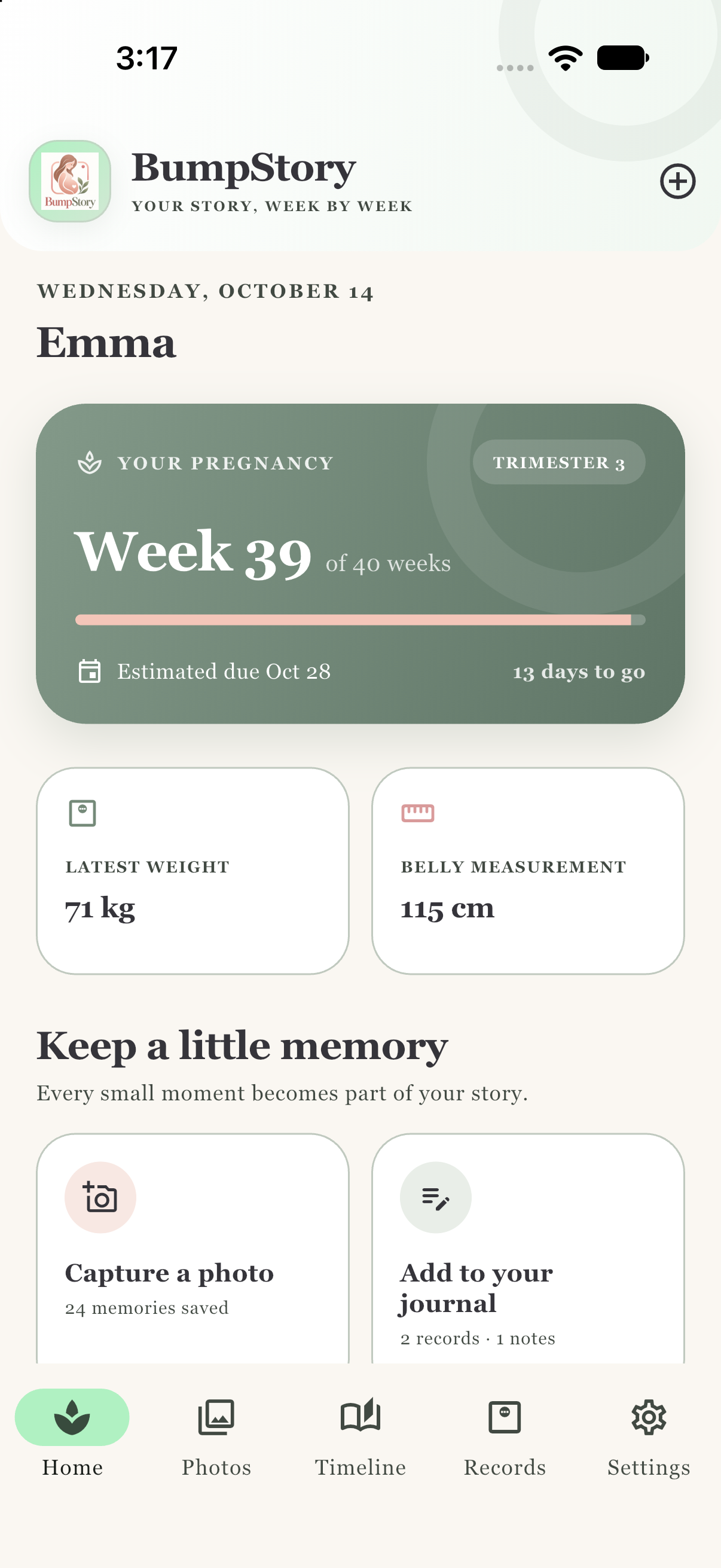BumpStory home screen showing pregnancy week, latest measurements, photo capture, and journal entry